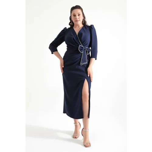 Lafaba Women&#39;s Navy Blue Double Breasted Collar Slit Plus Size Evening Dress