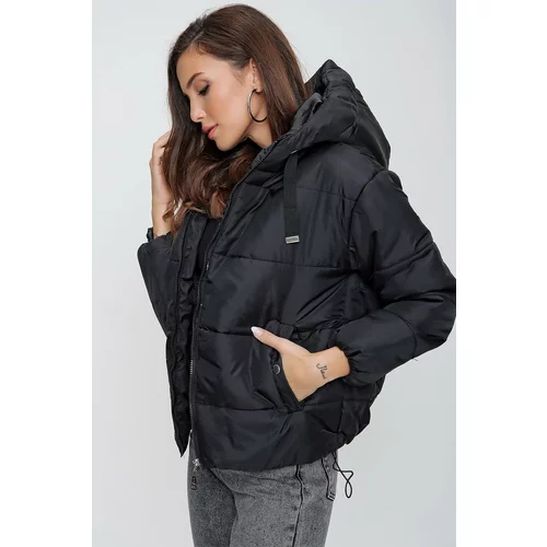 By Saygı Women's Black Inflatable Coat with Elastic Waist, Pocket and Lined Hooded