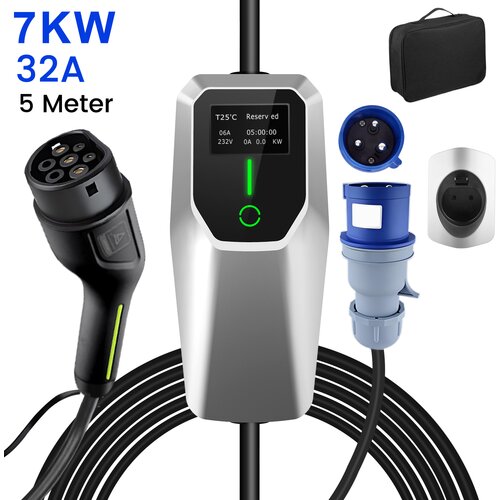 JUNSUN Tip 2 EV električni avtomobilski polnilni kabel &amp;ndash; enofazni 7kW, nastavljiv tok, LCD zaslon, prenosni polnilnik 5 m z vtičem Schuko 6-32A IP67, (5000035262) Slike