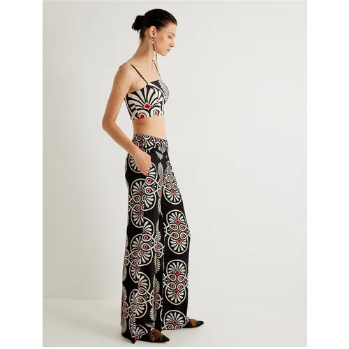 Koton X Melis Ağazat - Wide Leg Trousers High Waist Ethnic Patterned Pocket Viscose Fabric