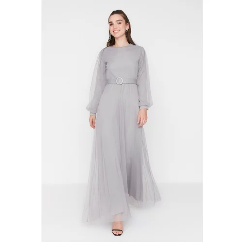 Trendyol Gray Waist Belt Detailed Islamic Clothing Evening Dress