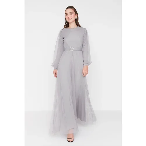 Trendyol Gray Waist Belt Detailed Islamic Clothing Evening Dress