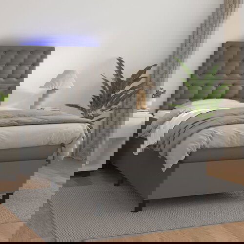 VidaXL Box spring postelja z vzmetnico LED siva 100x200cm umetno usnje Slike