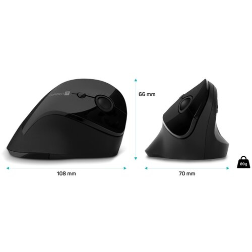 Connect IT CMO-2700-BK - Ergonomski bežični mi&amp;scaron; sa podesivim DPI 800/1200/1600, napajanje 1x AA, crne boje Slike