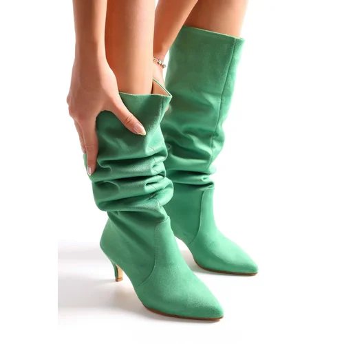 Shoeberry Women's Pia Green Suede Bellows Heeled Boots Green Suede