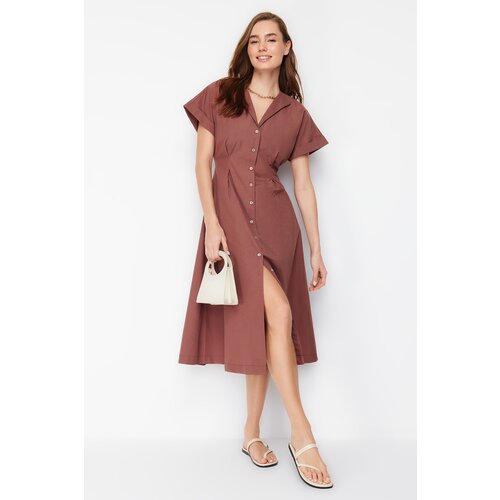 Trendyol Brown Waist Opening Midi Woven Shirt Dress Slike