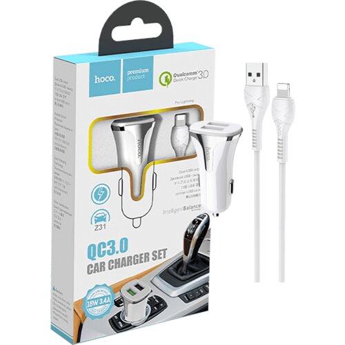 hoco. Auto punjač sa Lightning kabelom, QC, 2 x USB, 3.1 A - Z31 Universe double port, Lightning, Bijeli Cijene