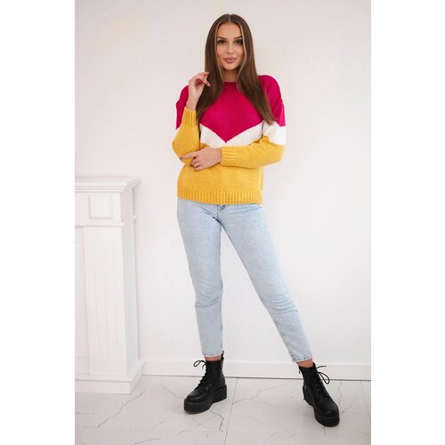 Kesi Sweater with geometric fuchsia + mustard patterns Cene