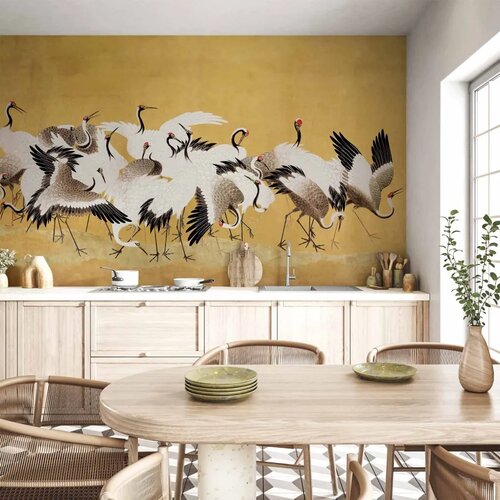  Foto tapeta - Japanese cranes - a flock of birds against a golden background based on a painting by Ishida Yūtei 200x140 Cene