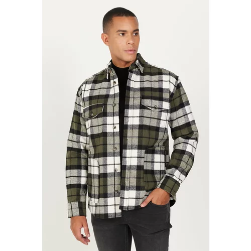 ALTINYILDIZ CLASSICS Men's Khaki-ecru Oversize Loose Fit Button-down Collar Checked Lumberjack Shirt Jacket.