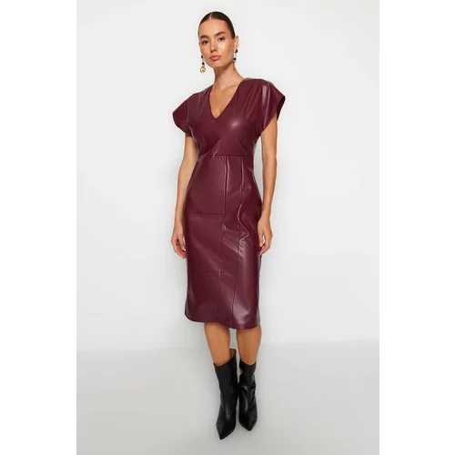 Trendyol Claret Red Faux Leather V-Neck Woven Dress