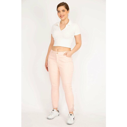 Şans Women's Pink Plus Size Jeans with Lace Detail Legs. Cene
