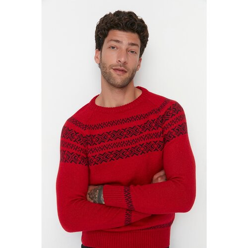 Trendyol Red Men's Slim Fit Crew Neck Jacquard Knitwear Sweater Cene