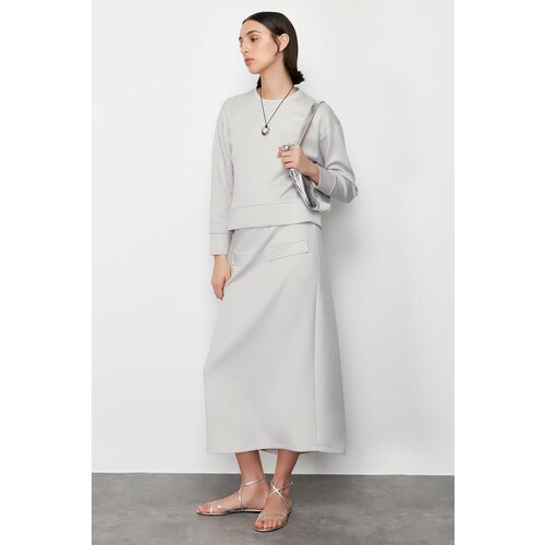 Trendyol Gray Diver/Scuba Plain Knitted Sweat-Skirt Set Slike