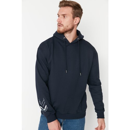 Trendyol Navy Men&amp;#039;s Relaxed Fit Off Shoulder Hooded Printed Sweatshirt Slike
