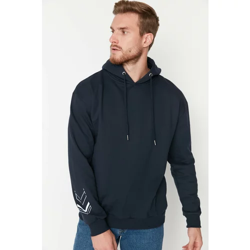 Trendyol Navy Men's Relaxed Fit Off Shoulder Hooded Printed Sweatshirt