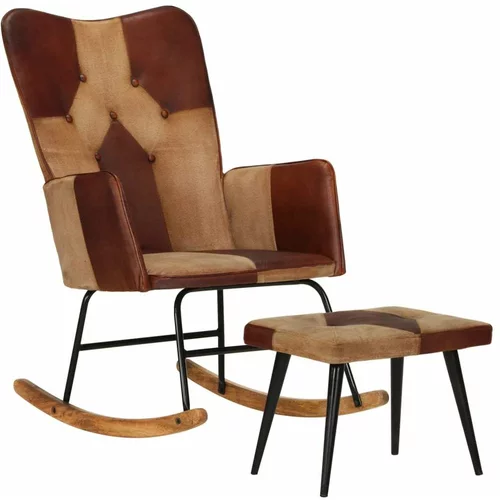  Stolica za ljuljanje s tabureom smeđa od prave kože i platna