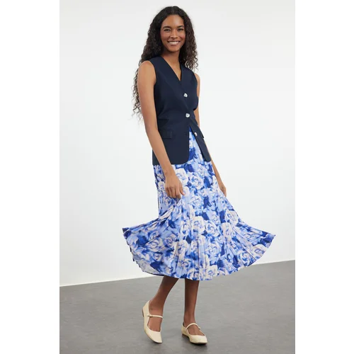 Trendyol Blue Woven Rose Patterned Pleated Skirt