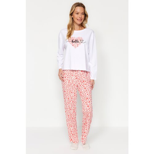 Trendyol Powder 100% Cotton Leopard Print T-shirt-Pants and Knitted Pajamas Set Cene