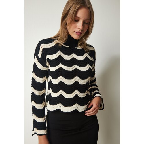 Happiness İstanbul Women's Black Patterned Crop Knitwear Sweater Slike