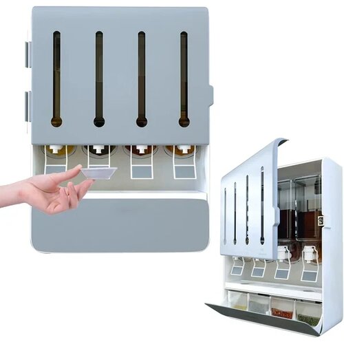  Zidni organizator za začine 4 dozatora + 4 posude, 8 u 1, Beli Slike