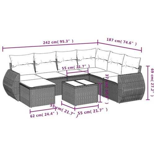 VidaXL 8-dijelni set vrtnih sofa s jastucima smeđi od poliratana Slike