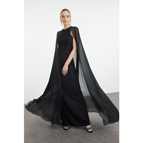 Trendyol Black Shiny Stoned Cape Detailed Long Evening Dress Cene