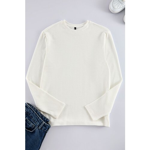 Trendyol Ecru Regular Cut Long Sleeve Basic Textured 100% Cotton Thick T-Shirt Slike