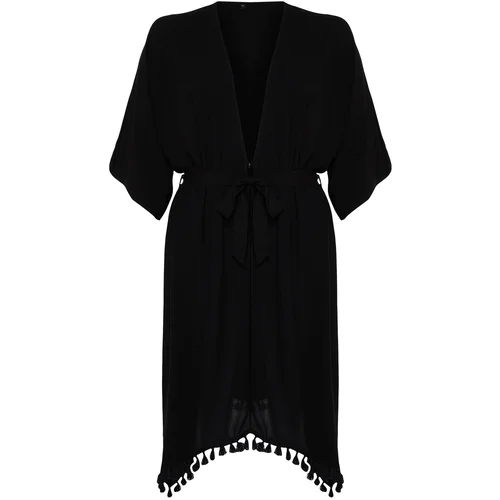 Trendyol Curve Black Tasseled Woven Kimono & Kaftan