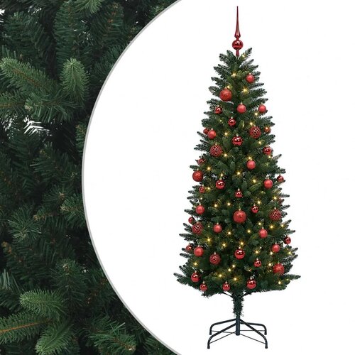  Umjetno božićno drvce s kuglicama 150 cm 150 LED lampica - 150 cm s LED-ima i crvenim lopticama Zelena Slike