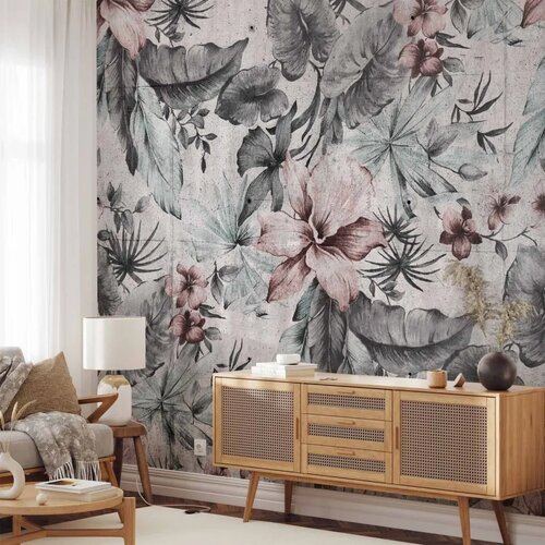  Foto tapeta - Nature in retro style - landscape with leaves and flowers in grey tones 200x140 Cene