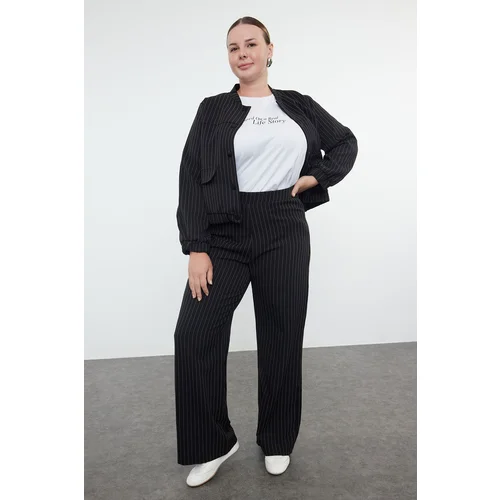 Trendyol Curve Black Striped Elastic Waist Plus Size Woven Trousers