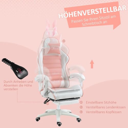  Ergonomska gamerska stolica s lumbalnom potporom osloncem za noge naslonom za glavu s u&amp;scaron;ima zeca roza Slike
