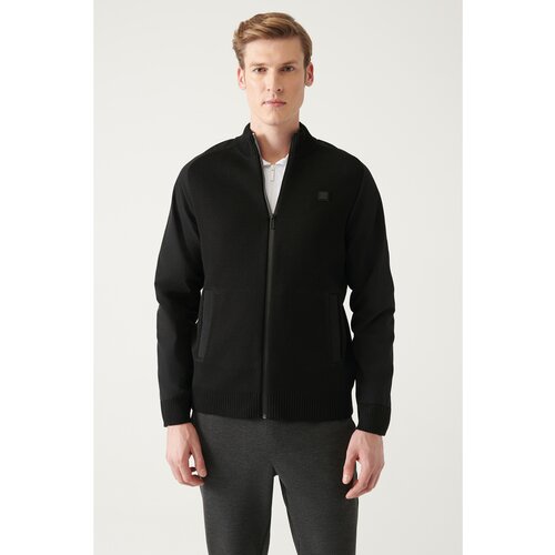 Avva Men's Black Wool Blended Sleeve Parachute Fabric Detailed Zippered Standard Fit Regular Cut Cardigan Coat Cene