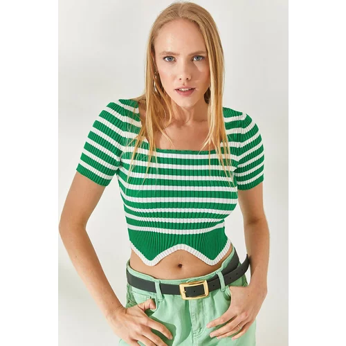 Olalook Grass Green Striped Asymmetrical Crop Sweater Blouse