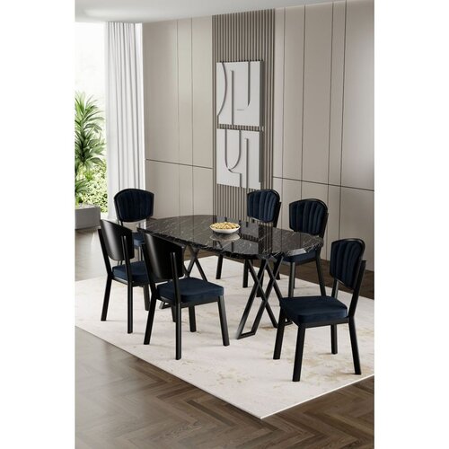 Hanah home trpezarijski set Flori, sto i 6 stolica, ploča u dekoru crnog mermera, antracit tkanina Babyface Cene