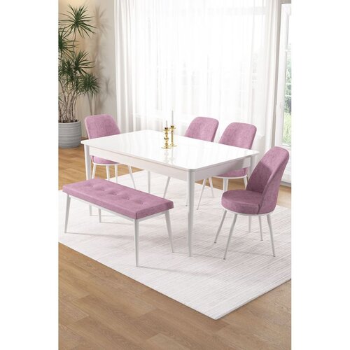 Hanah home trpezarijski set Pir, sto, 4 stolice i klupa, bela ploča, roze tkanina Babyface Cene