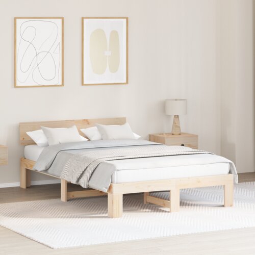 VidaXL posteljni okvir z naslonom 140x190 cm Trden borov les Slike