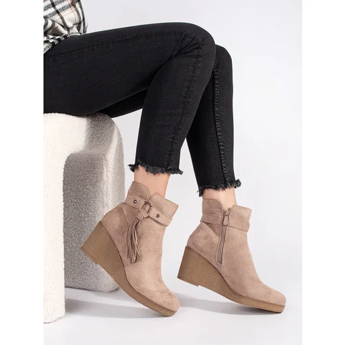 Shelvt Suede beige women's wedge boots with fringes