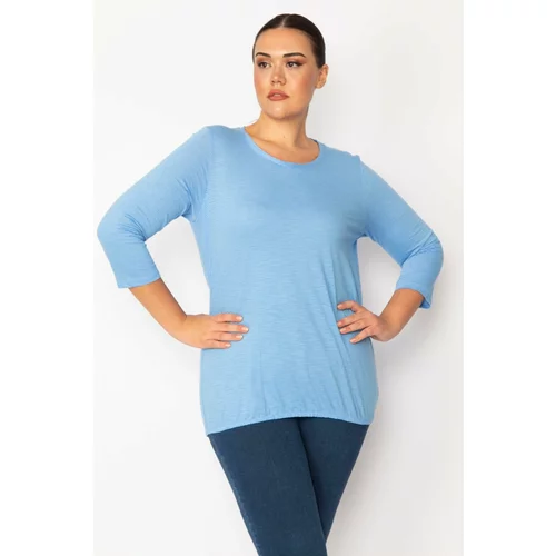 Şans Women's Plus Size Blue Hem Elastic Detailed Capri Sleeve Pinstripe Blouse
