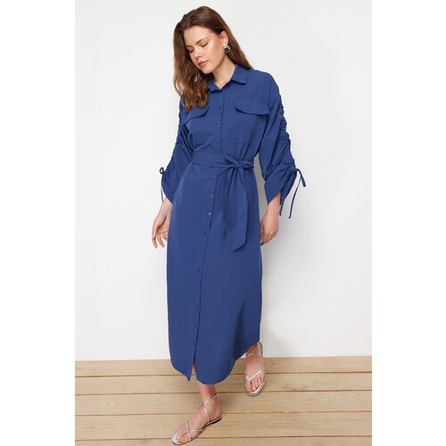 Trendyol Saks Belted Cotton Woven Shirt Dress with Adjustable Sleeves Detail Cene