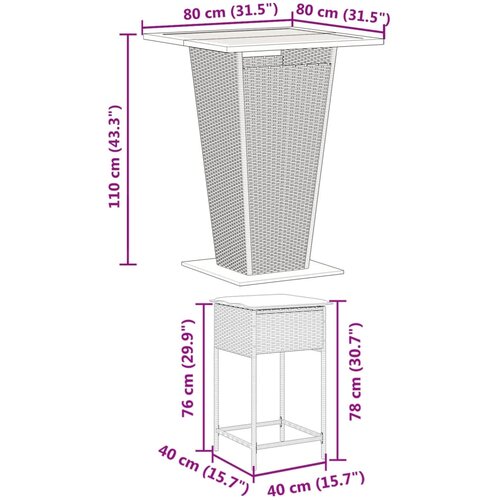  3-dijelni vrtni barski set od poliratana s jastucima sivi Siva 80 x 80 x 110 cm Slike