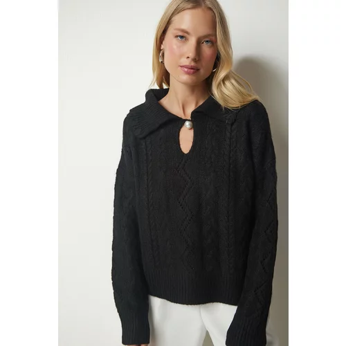 Happiness İstanbul Women's Black Pearl Buttoned Motif Knitwear Sweater