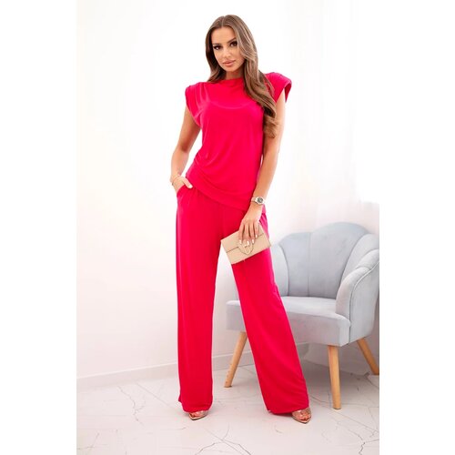 Kesi Włoski Elegant women's set with wide trousers and a ruffled blouse fuchsia Cene