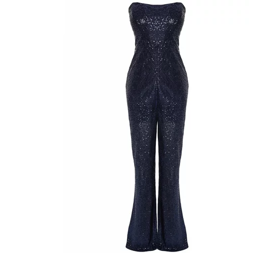 Trendyol Navy Blue Fitted Knitted Shimmery Sequin Sequin Jumpsuit