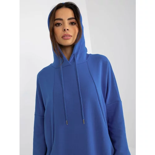 Fashion Hunters Basic dark blue midi sporty dress with a hood