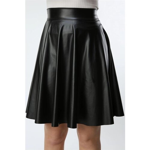 Dewberry 88854 Flared Faux Leather Skirt-BLACK Slike