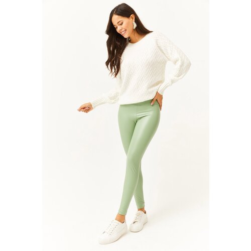 Olalook Women's Almond Green Fleece High Waist Leather Look Leggings Cene