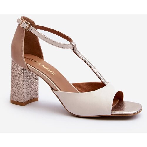Laura Messi Leather Sandals with Heel 2759 Beige Cene