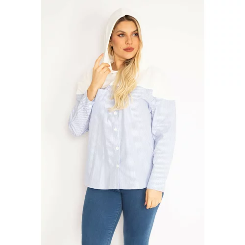 Şans Women's Plus Size Blue Front Buttoned Hooded Sports Shirt Tunic